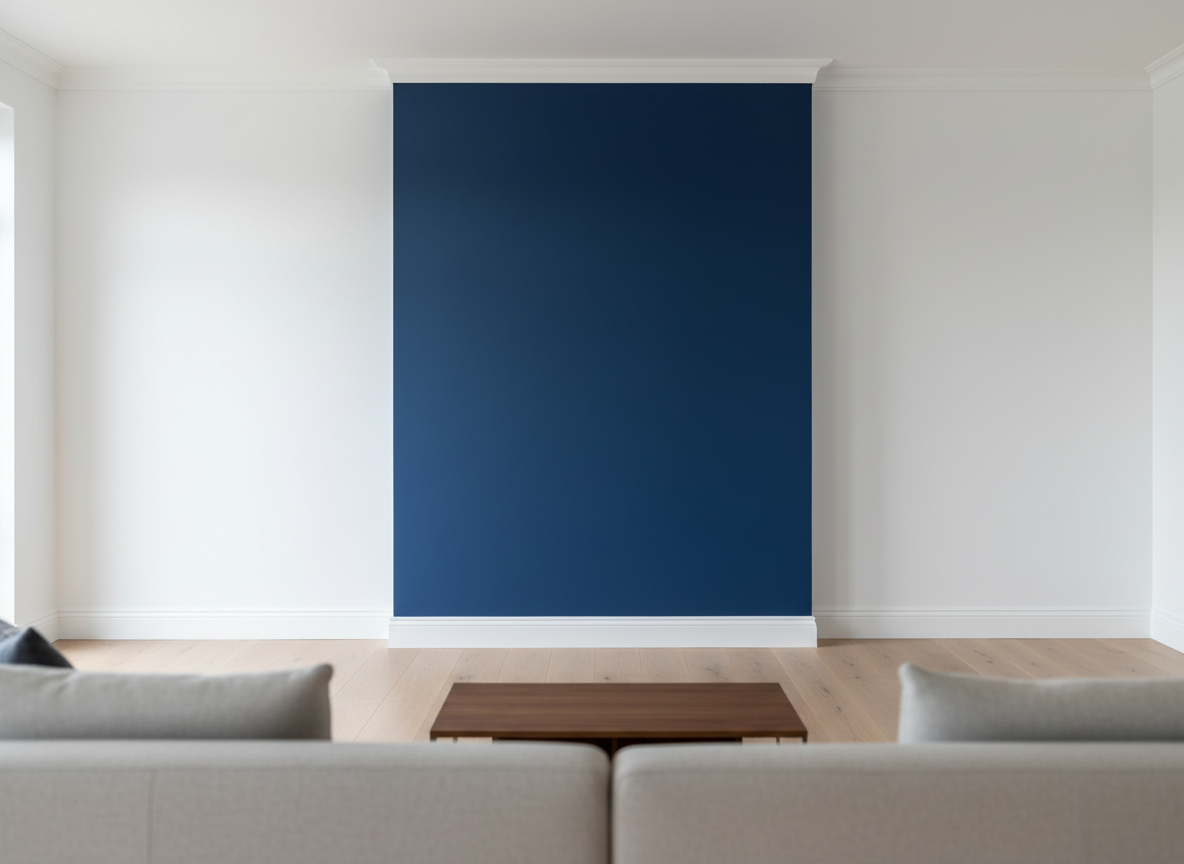 A freshly painted modern living room interior with pristine, satin-finish white walls and a single accent wall in a rich, deep navy blue. The smooth surfaces show no roller marks, only a uniform, flawless texture. Sleek baseboards and crisp ceiling lines emphasize professional edging. The room is minimally furnished with neutral-toned sofas and a light oak floor, all slightly out of focus. Soft afternoon natural light pours in from a large unseen window, creating gentle highlights and subtle shadows along the walls. Photographic realism, shot at eye level with a wide-angle lens, sharp focus on the painted surfaces, and a clean, modern atmosphere that conveys precision, reliability, and premium residential painting services.