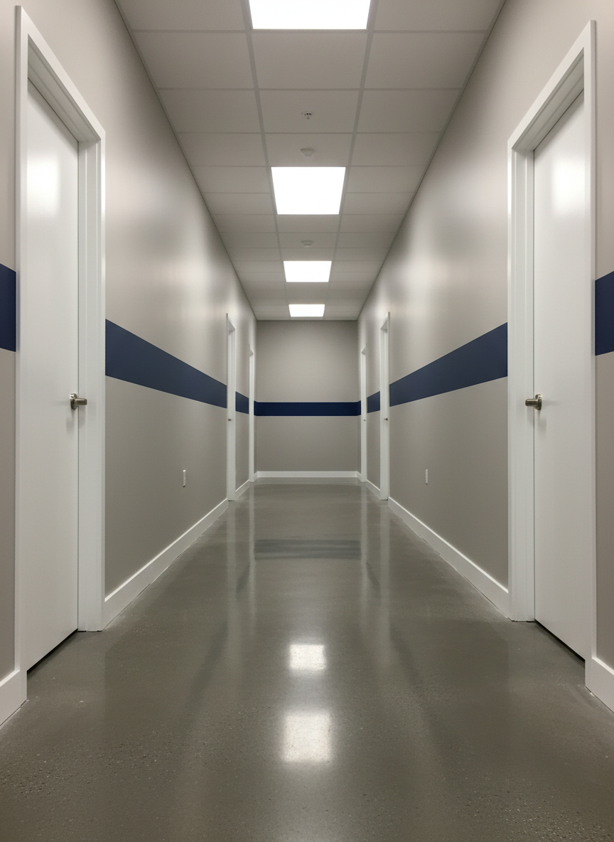 A bright, newly painted commercial office corridor with long, perfectly smooth walls in a sophisticated light gray, featuring a bold company-color accent stripe running horizontally at eye level. The high-traffic, semi-gloss finish reflects soft overhead LED panel lighting, creating controlled highlights without glare. Doors and trim are finished in crisp, pure white, with razor-sharp lines where colors meet. The polished concrete floor subtly mirrors the tones above. Photographic realism, captured from a slightly low, centered perspective that draws the eye down the hallway, emphasizing depth, consistency, and large-scale commercial painting capability in a professional, organized environment.