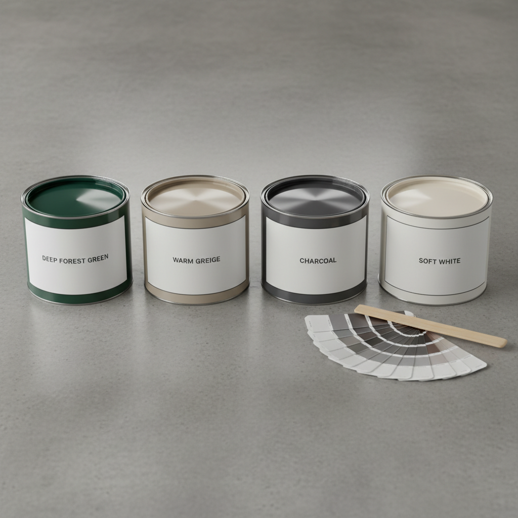 A selection of large, labeled paint cans arranged in a carefully ordered row on a spotless concrete floor, each can featuring a different sophisticated, contemporary color on its lid: deep forest green, warm greige, charcoal, and soft white. One can is open, revealing a perfectly smooth, glossy surface of paint with a reflection of overhead studio lights. Beside it lies a clean wooden stir stick and a fan of professional color decks. The scene is lit with soft, neutral studio lighting that brings out true color fidelity. Photographic realism, eye-level composition, and a calm, methodical mood that suggests thoughtful color consultation and premium product choice.