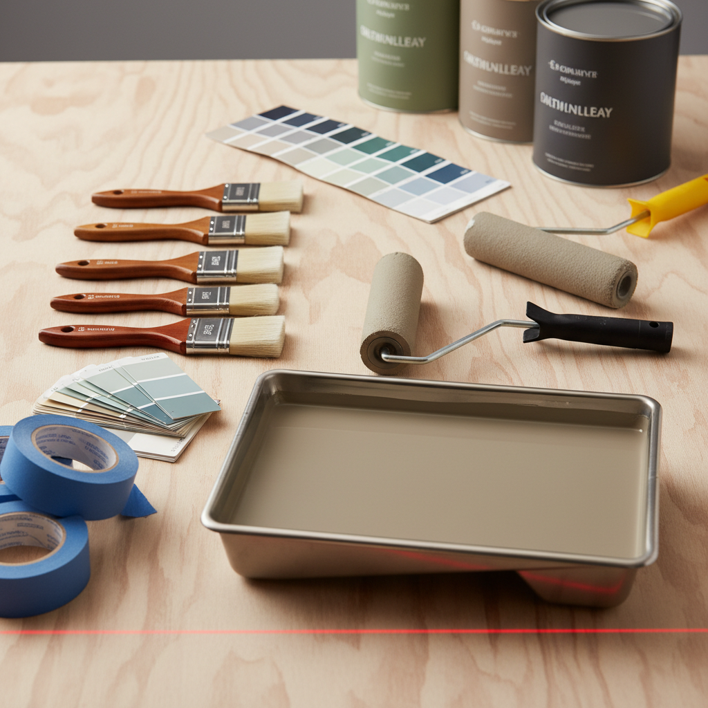 An organized array of professional painting tools neatly arranged on a clean, unfinished plywood workbench. High-quality angled brushes with smooth wooden handles, freshly loaded rollers with even coats of neutral paint, a stainless steel paint tray with a perfectly leveled surface, and painter’s tape, color swatches, and a laser level all placed with intention. Overhead diffused studio lighting reveals the fine bristles, subtle texture of roller covers, and pristine condition of the equipment. Background is softly blurred cans of premium paint in muted tones. Photographic realism, shot from a slightly elevated angle with sharp focus and a clean, technical mood, communicating meticulous preparation and professional craftsmanship.