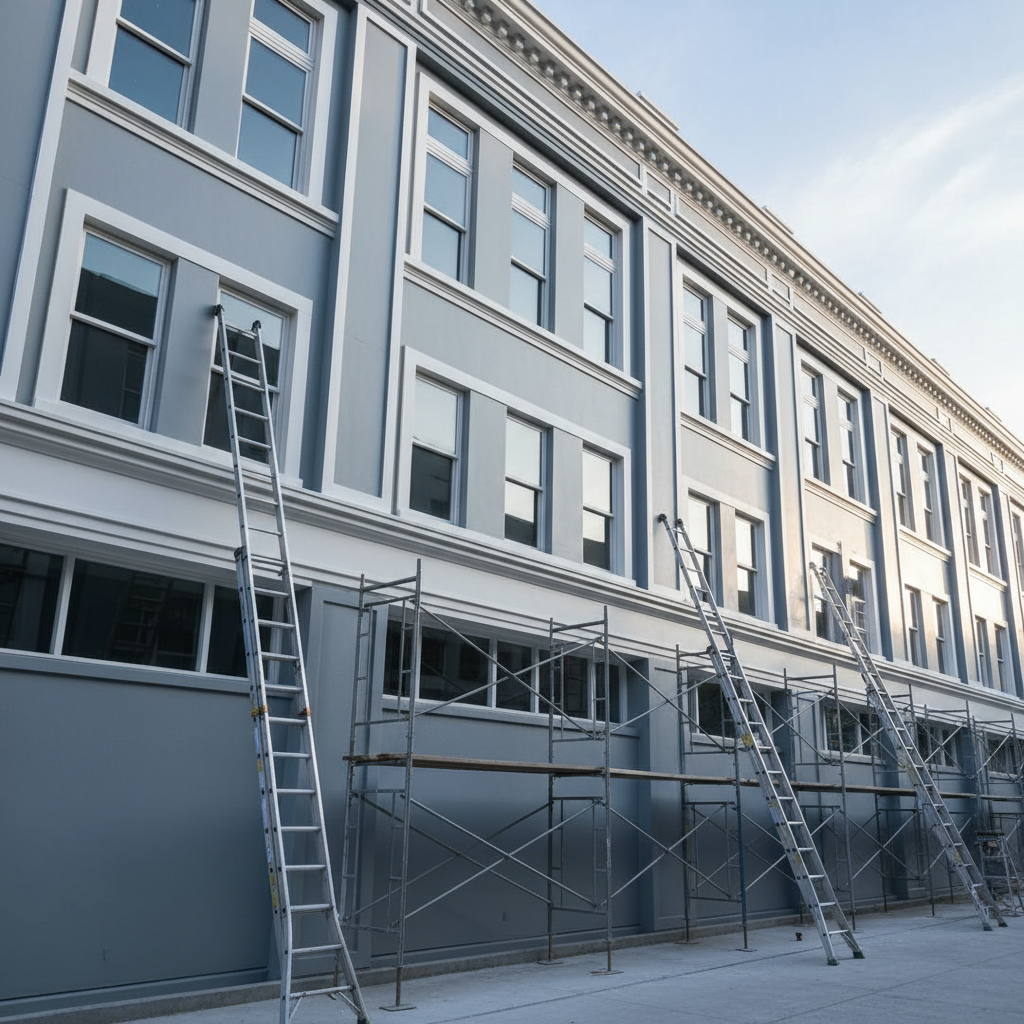 A tall, multi-story commercial building facade with freshly painted exterior in a harmonious palette of cool grays and crisp white trim, featuring clean vertical lines and evenly coated surfaces. Professional-grade extension ladders and stabilized scaffolding stand empty but positioned, indicating an in-progress yet tidy job site with no debris. Early morning natural light creates long, soft shadows on the facade, highlighting the uniform coverage and smooth texture of the paint. Photographic realism, captured from a slightly low angle to emphasize scale and capability, with sharp focus throughout and a serious, efficient atmosphere that underscores large-project expertise.