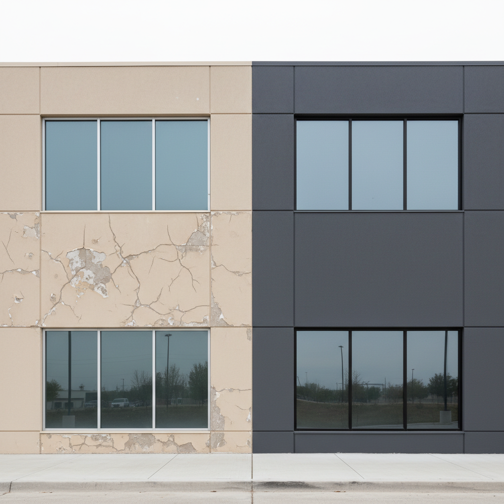 A split-view wall concept showing a clear transformation of a building exterior: the left half of the facade in faded, peeling beige paint with visible cracks, and the right half freshly repainted in a rich, uniform charcoal gray with a subtle eggshell sheen. The modern commercial building features clean architectural lines and large windows reflecting a soft overcast sky. The ground is a tidy concrete walkway with no clutter. Even, diffused daylight ensures both sides are clearly visible without harsh shadows. Photographic realism, shot straight-on with symmetrical composition, conveying a professional before-and-after effect that highlights the impact of expert exterior painting services.