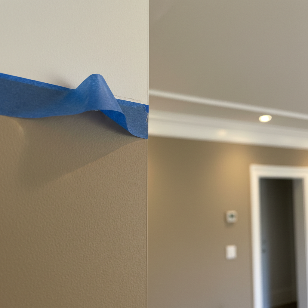 A close-up, macro-style view of a painter’s tape edge along a wall and ceiling junction, revealing an impeccably straight, razor-sharp paint line between a soft white ceiling and a warm taupe wall. The wall surface shows a perfectly even, matte finish with subtle texture from high-quality drywall work. Gentle, warm indoor lighting from recessed ceiling fixtures casts faint shadows that enhance the crisp separation between colors. Background elements, such as a blurred crown molding profile, reinforce a high-end interior. Photographic realism, shallow depth of field, and a meticulous, detail-oriented mood emphasizing precision edging and premium finish quality.