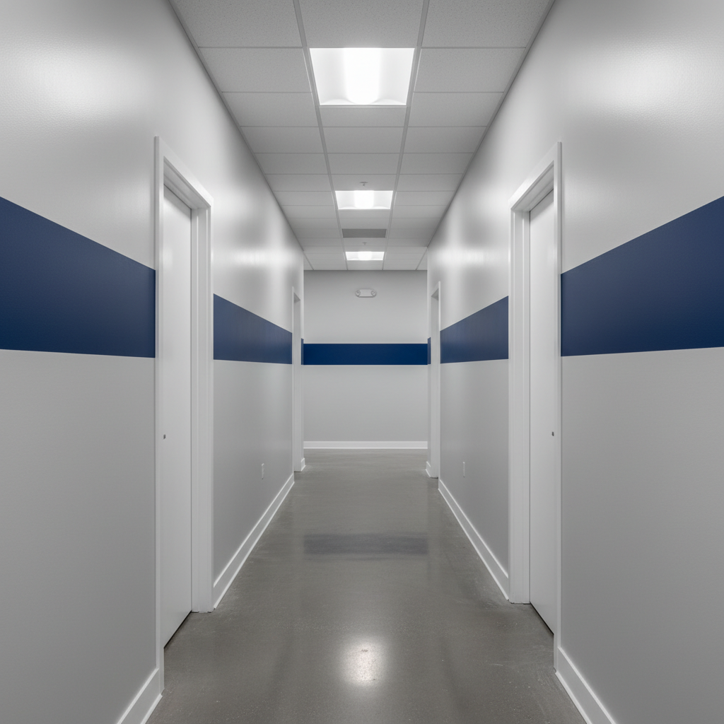 A bright, newly painted commercial office corridor with long, perfectly smooth walls in a sophisticated light gray, featuring a bold company-color accent stripe running horizontally at eye level. The high-traffic, semi-gloss finish reflects soft overhead LED panel lighting, creating controlled highlights without glare. Doors and trim are finished in crisp, pure white, with razor-sharp lines where colors meet. The polished concrete floor subtly mirrors the tones above. Photographic realism, captured from a slightly low, centered perspective that draws the eye down the hallway, emphasizing depth, consistency, and large-scale commercial painting capability in a professional, organized environment.