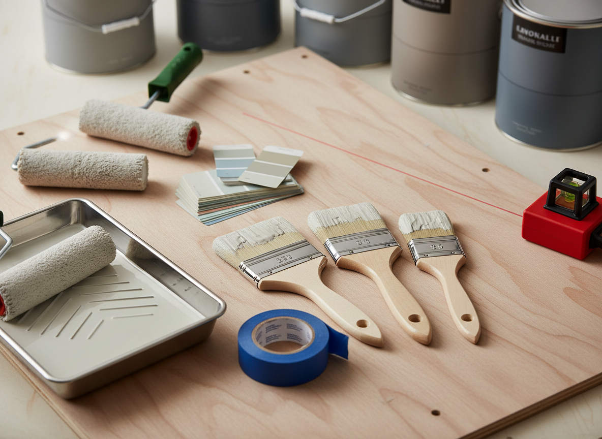 An organized array of professional painting tools neatly arranged on a clean, unfinished plywood workbench. High-quality angled brushes with smooth wooden handles, freshly loaded rollers with even coats of neutral paint, a stainless steel paint tray with a perfectly leveled surface, and painter’s tape, color swatches, and a laser level all placed with intention. Overhead diffused studio lighting reveals the fine bristles, subtle texture of roller covers, and pristine condition of the equipment. Background is softly blurred cans of premium paint in muted tones. Photographic realism, shot from a slightly elevated angle with sharp focus and a clean, technical mood, communicating meticulous preparation and professional craftsmanship.