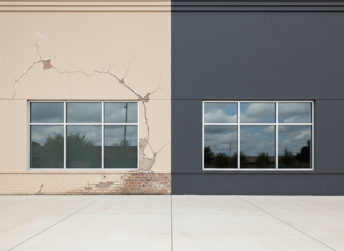 A split-view wall concept showing a clear transformation of a building exterior: the left half of the facade in faded, peeling beige paint with visible cracks, and the right half freshly repainted in a rich, uniform charcoal gray with a subtle eggshell sheen. The modern commercial building features clean architectural lines and large windows reflecting a soft overcast sky. The ground is a tidy concrete walkway with no clutter. Even, diffused daylight ensures both sides are clearly visible without harsh shadows. Photographic realism, shot straight-on with symmetrical composition, conveying a professional before-and-after effect that highlights the impact of expert exterior painting services.